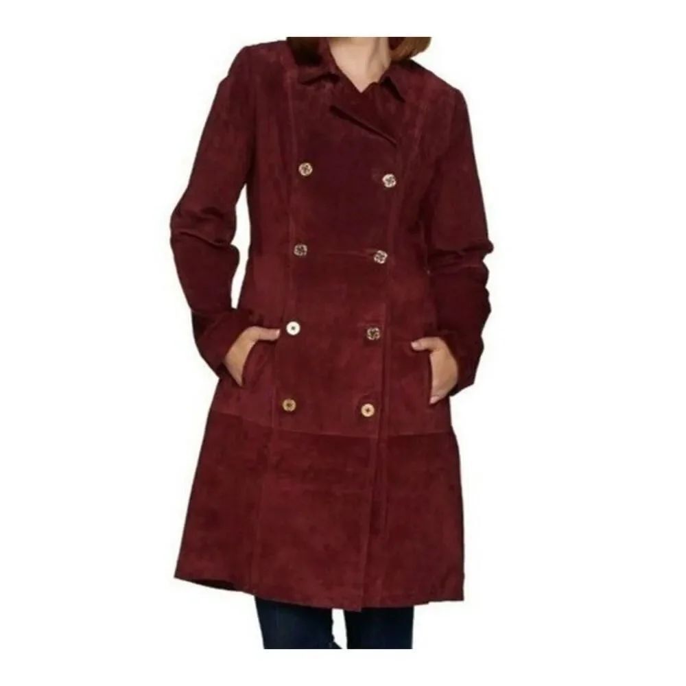 NWT C Wonder Brown Real Leather Coat Double Breasted Jacket Size 14 Gold Buttons